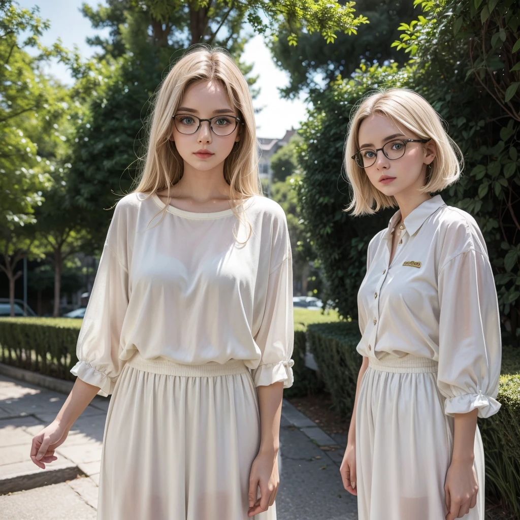 Woman, white, curry hair, green eyes and glasses, standing