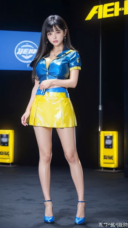 ((Highest quality)),((最high resolution)),((high resolution)),((detailed)),((High definition)),((8K)),((Perfect body)),((Perfect Face)),((Realistic)),((Real)),((Realistic)),((Beauty)),((Shiny Hair)),((Glowing Skin)),((Very white skin)),((Jet Black Hair)),韓国Beauty、Long Hair、((赤いスポーツカーの前に立つBeauty))、(huge breast:1.1)、((Yellow and blue patent leather clothing with logo:1.3))、((Very short skirt:1.8)、((Enamel skirt)、Long legs、Convention Hall、((motor Show))、A plump body、I can see her cleavage、sexy、Skin-revealing clothing、