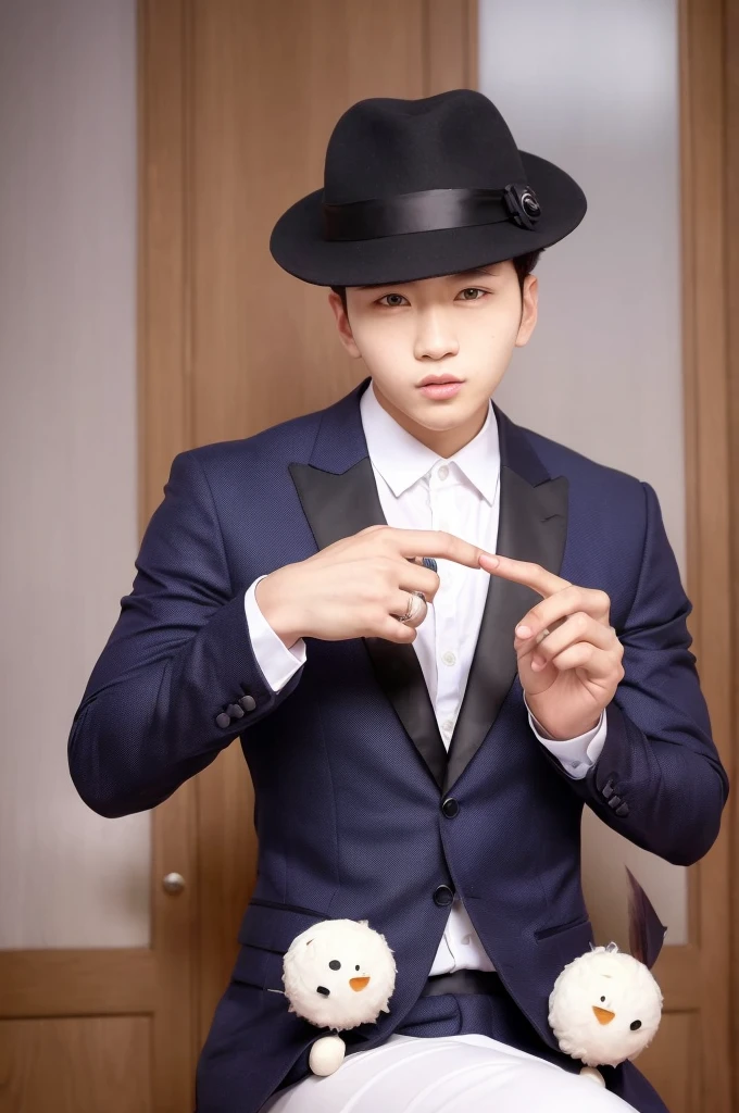 arafed man in a suit and hat posing for a picture, in style of lam manh, Jungkook, inspired by Taehyung, handsome, jungkook, pete morbacher, Jungkook hairstyle, , cover music magazine, big moths, big moon, photo for a magazine, photo for magazine