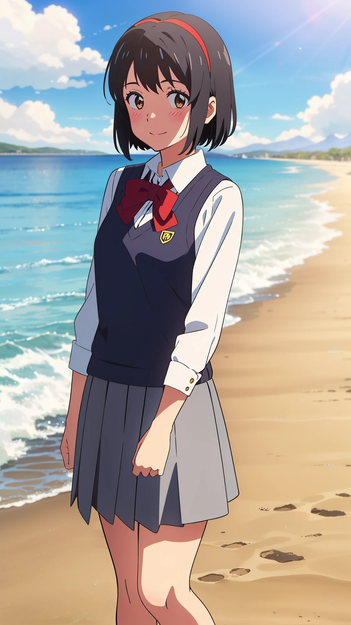 shinkai makoto, kimi no na wa., 1girl, bangs, black hair, blush, brown eyes, shinny skin, red headband, red ribbon, red bow, collared shirt, white shirt, yellow sweater vest, blue skirt, looking at the viewer, short hair, cute, smile, solo, outdoors, summer, beach, cloudy, sunlight