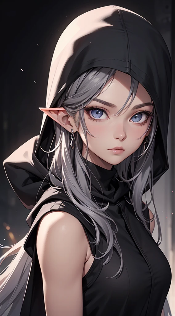White elf girl, dark grey hair colour, very long flowing hair, grey eye colour, small eyes, Round eye shape, eyeliner, Realistic face shape. black shirt, portrait, wears a black hood, black backdrop, depth of field. look into the camera, dreamy look detailed eyes, detailed face, detailed skin, extremely detail, beautiful and aesthetic, ​masterpiece, best quality, Show shoulders. Fishnet fabric, round chin shape. wear a black hood over your hair. shows the entire upper body and face. wears a black hood, lots of flairs in the background, zoomed out, Black and white. glowing,