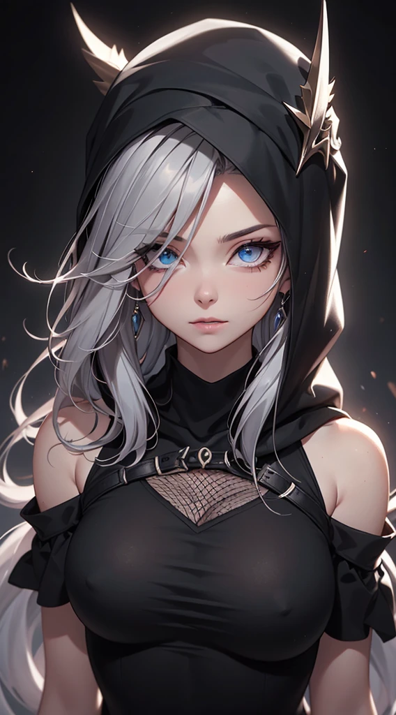 White elf girl, dark grey hair colour, very long flowing hair, grey eye colour, small eyes, Round eye shape, eyeliner, Realistic face shape. black shirt, portrait, wears a black hood, black backdrop, depth of field. look into the camera, dreamy look detailed eyes, detailed face, detailed skin, extremely detail, beautiful and aesthetic, masterpiece, best quality, Show shoulders. Fishnet fabric, round chin shape. wear a black hood over your hair. shows the entire upper body and face. wears a black hood, lots of flairs in the background, zoomed out, Black and white. glowing,