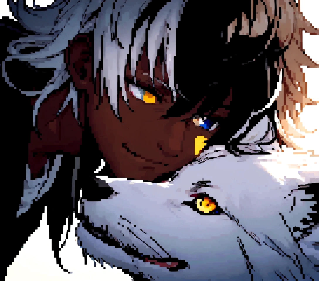 white shirt, wearing a black hoodie , yellow and black eyes heterochromia, calm smile expression, Messy hair , Medium length hair , 1 men , multicolored black and white hair , two tone hair , dark skin color , with a white wolf , the two staring at each other, turn this art into pixel art