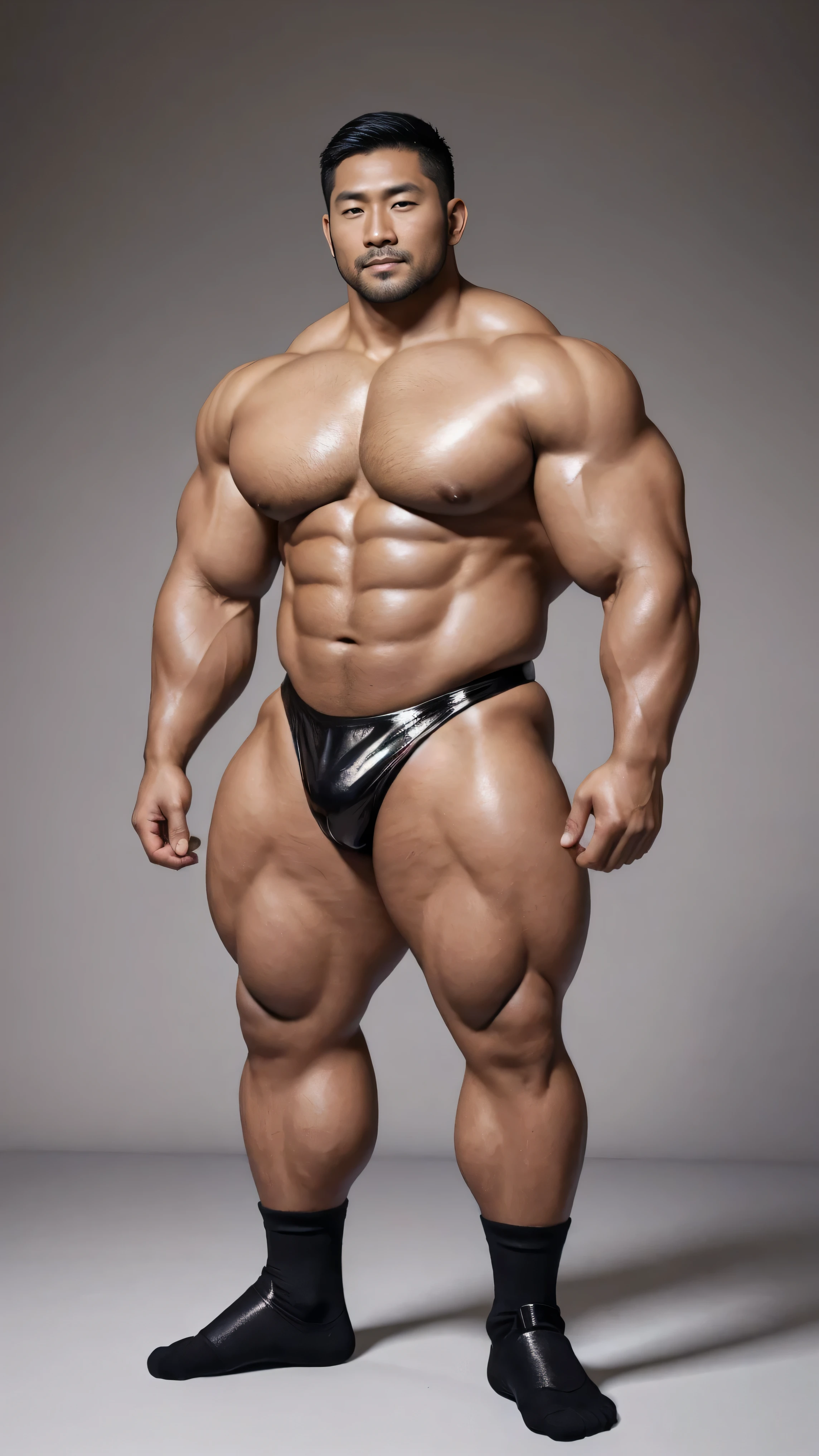 There is only one handsome Asian actor in the photo,35 years old,High target, Fitness,short hair, O-Shaped Beard,Perfect body, Dark skin color,Radiant Skin,Smooth skin,Muscle bulge, muscular, Very large pectoral muscles,Very sexy abdominal muscles,Very well-developed leg muscles,Huge concave and convex area,Brightens oily skin,Wearing black leather shiny thong,Handsome face, Correct and accurate male body proportions, Wear black socks,Standing on a gray background。