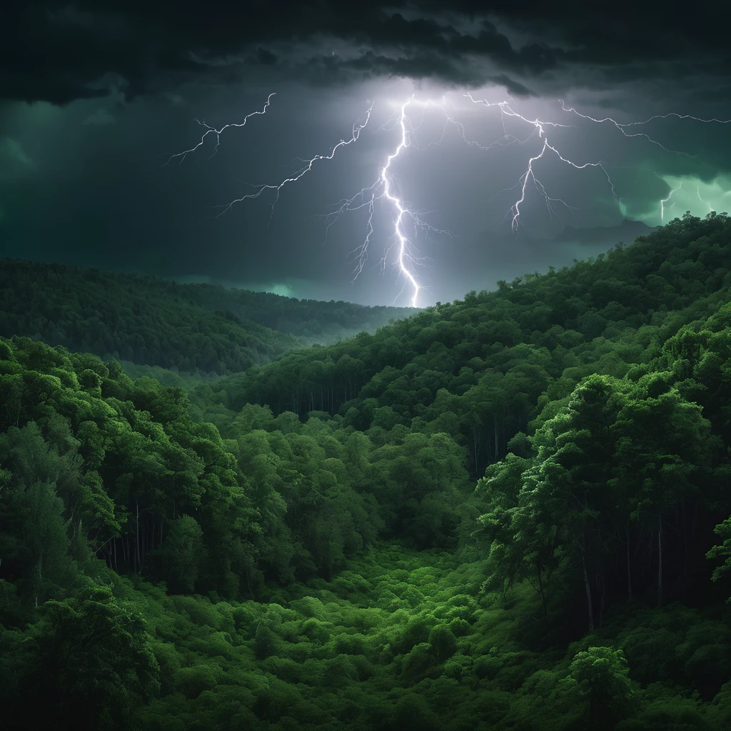 green forest, dark sky, cinematic lightning