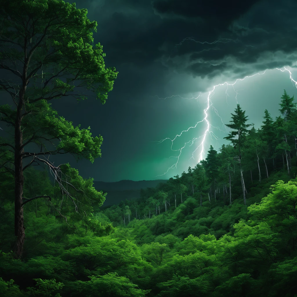 green forest, dark sky, cinematic lightning