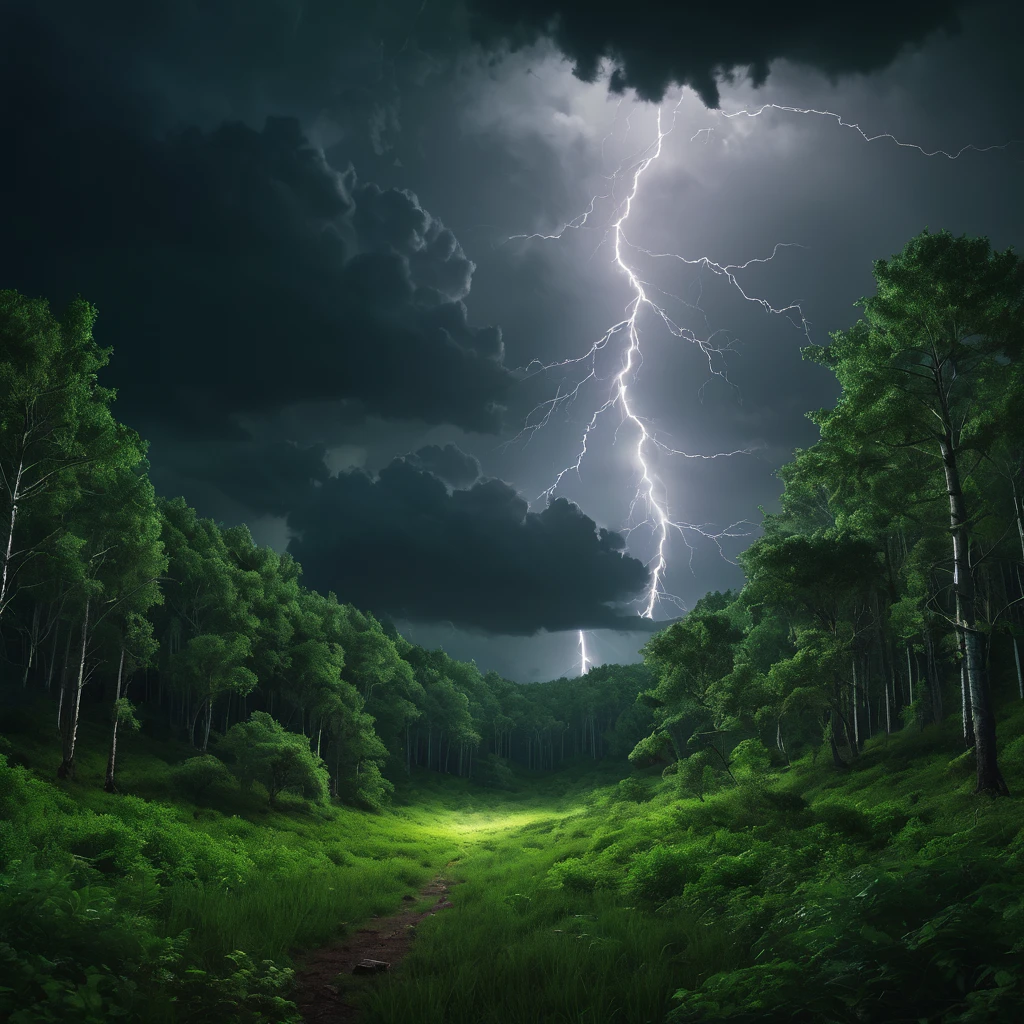 green forest, dark sky, cinematic lightning