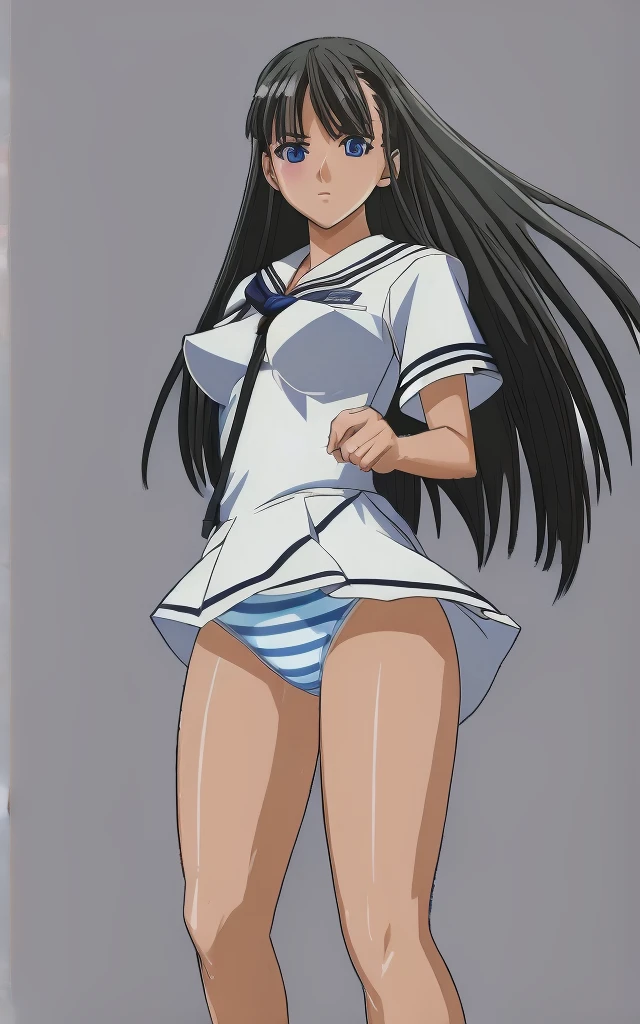 Mizushima Asa, a girl with big breasts and beautiful legs, is wearing a miniskirt uniform and her light blue and blue striped panties are boldly visible as she stands with her legs spread wide.。