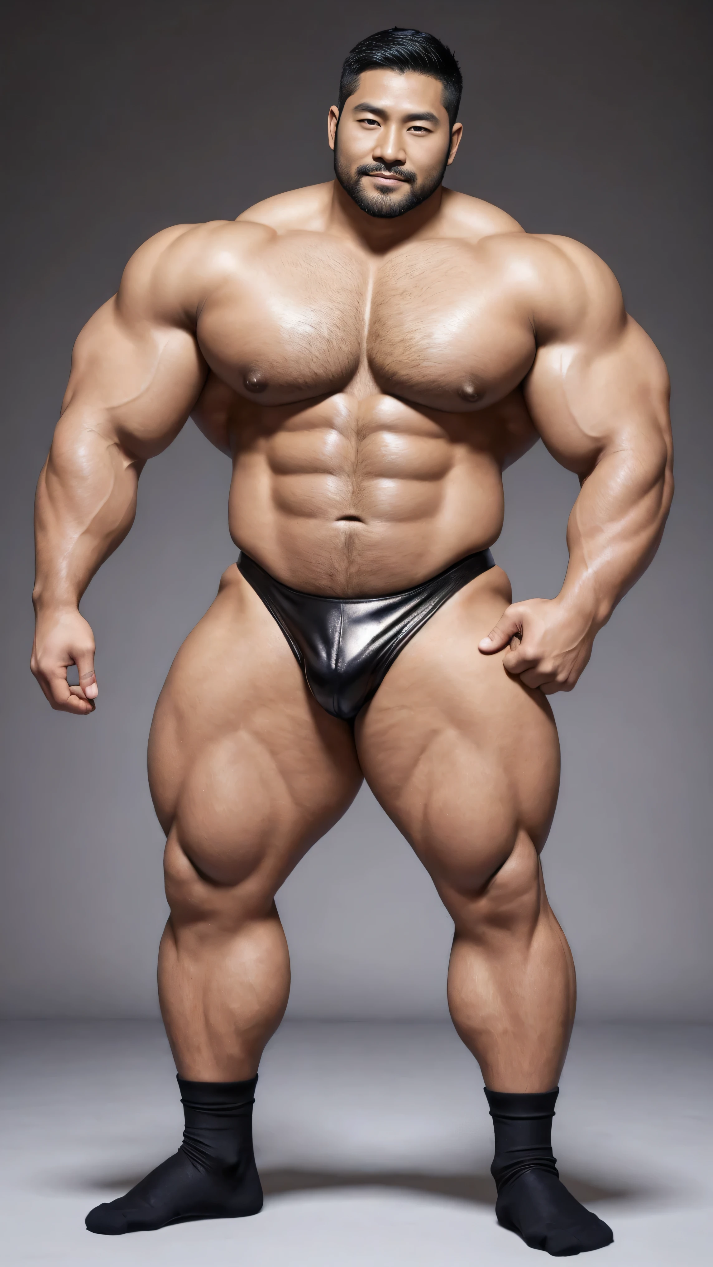 There is only one handsome Asian actor in the photo，35 years old，High target, Fitness，short hair, O-Shaped Beard，Perfect body, Dark skin color，Radiant Skin，Smooth skin，Muscle bulge, muscular, Very large pectoral muscles，Very sexy abdominal muscles，Very well-developed leg muscles，Huge concave and convex area，Brightens oily skin，Wearing black leather shiny thong，Handsome face， Correct and accurate male body proportions, Wear black socks，Standing on a gray background。

