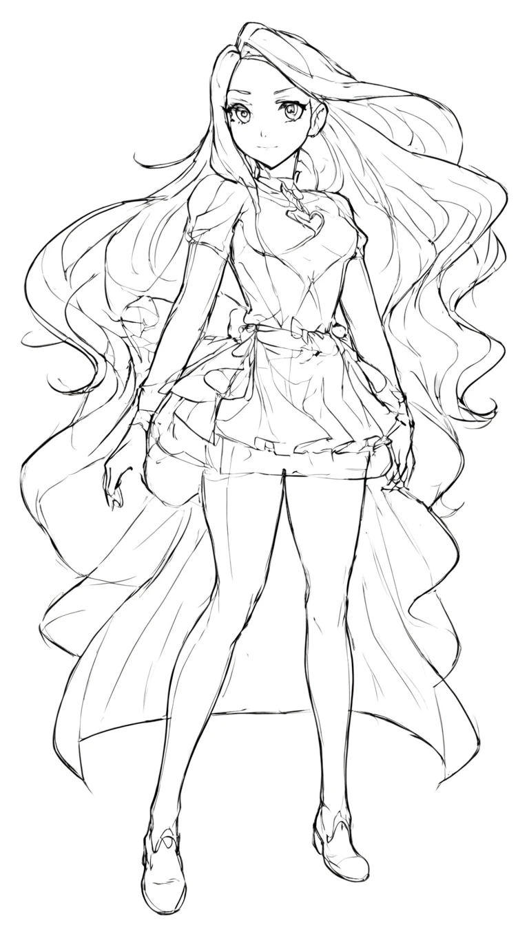 black and white, line art, no shading, full body, live2D character, coloring book style, sketch, pencil drawing, outlines