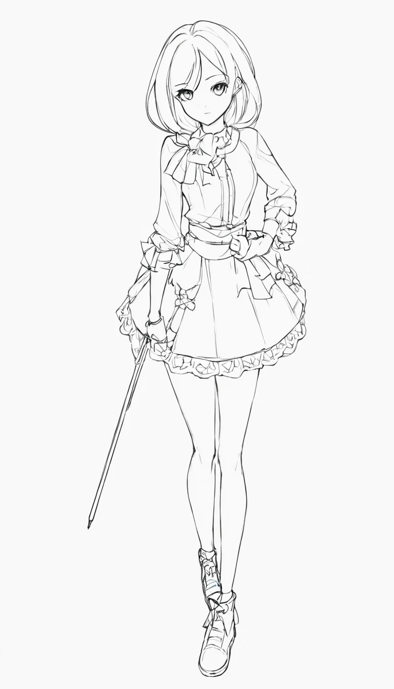 black and white, line art, no shading, full body, live2D character, coloring book style, sketch, pencil drawing, outlines