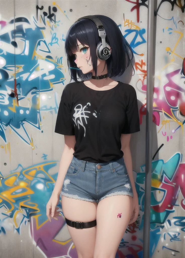 ​masterpiece, best quality, 1 girl, alone, Short top, Jeans-Shorts, neck ribbon, (Graffiti:1.5), paint splatters, Arms behind the back, against the wall, Viewers look at, 手链, thigh strap, Color on the body, Head tilt, bored, multi-colored hair, aqua eyes, Headset,