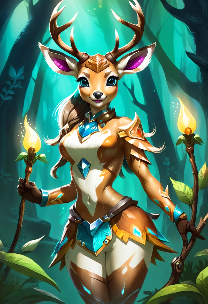 Create an illustrated, hand-drawn, full-color image of an anthropomorphic deer girl. The artwork should be rendered in the style of "Breath of the Wild," featuring warm lighting and shadows. Include graphite shading, stencil marks, and airbrushed acrylic paint effects. The image should be of the highest quality, a masterpiece with intricate details. The deer girl should have a female, humanoid, furry appearance with grey skin. She should have luscious lips, a wide smile, and bright, expressive eyes, exuding beauty, cuteness, and adorableness. Ensure the image is high resolution and sharply detailed, with a detailed and vibrant background. Incorporate mystical lighting in the background, creating a romantic and enchanting atmosphere.