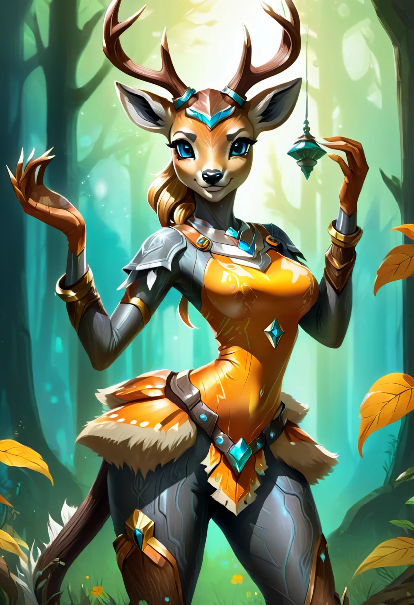 Create an illustrated, hand-drawn, full-color image of an anthropomorphic deer girl. The artwork should be rendered in the style of "Breath of the Wild," featuring warm lighting and shadows. Include graphite shading, stencil marks, and airbrushed acrylic paint effects. The image should be of the highest quality, a masterpiece with intricate details. The deer girl should have a female, humanoid, furry appearance with grey skin. She should have luscious lips, a wide smile, and bright, expressive eyes, exuding beauty, cuteness, and adorableness. Ensure the image is high resolution and sharply detailed, with a detailed and vibrant background. Incorporate mystical lighting in the background, creating a romantic and enchanting atmosphere.