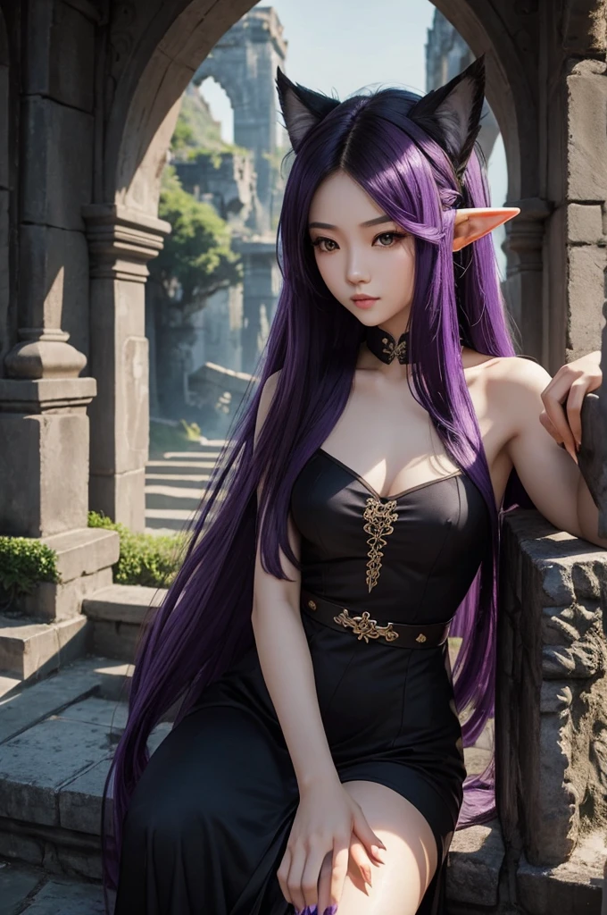 Long Purple hair, Vietnamese, beautiful 23 year old woman, very attractive, brown eyes, elf ears, very cute, thin athletic body, wearing long black dress in stone castle, petting small white wolf