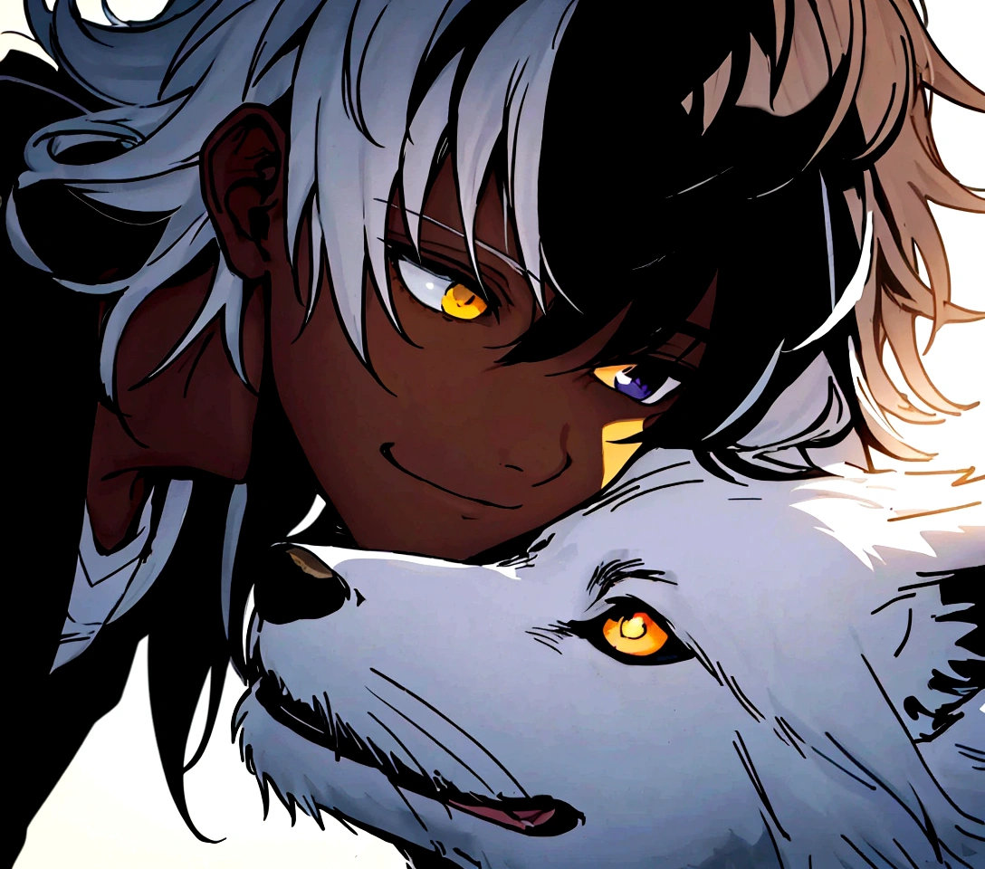 white shirt, wearing a black hoodie , yellow and black eyes heterochromia, calm smile expression, Messy hair , Medium length hair , 1 men , multicolored black and white hair , two tone hair , dark skin color , with a white wolf , the two staring at each other, transform this art into pixel art