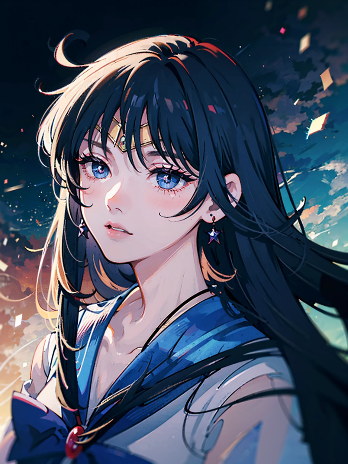 masterpiece, Highest quality, 8k Sailor Mars, Unhealthy face;1.5, Dark Eyes;1.5, Dark circles under the eyes, Long Hair, Long Bangs, Eyes through the bangs, Big eyes, Blue Eyes, Bust Shot