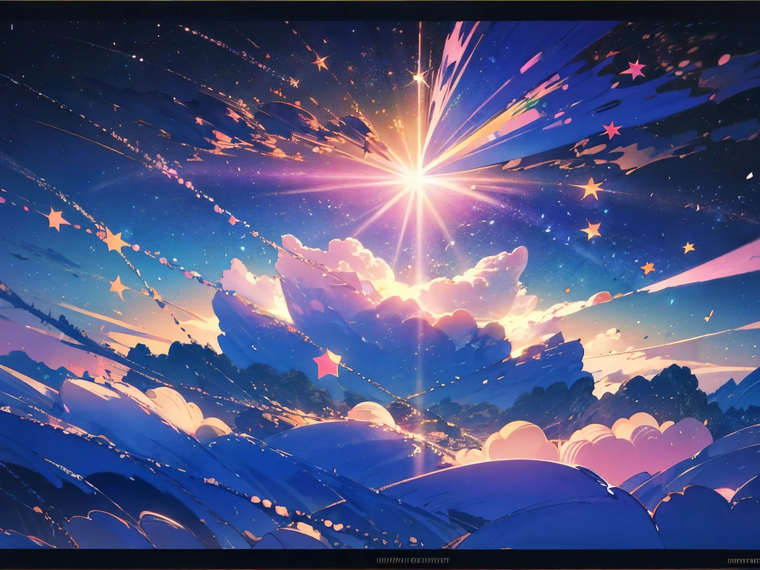 Milky Way, (sunlight:1), a serene landscape with a pink and blue sky, cute and whimsical in style, reminiscent of the works of Studio Ghibli, with a starry night sky overhead, highly detailed, 4k, masterpiece, photorealistic, NOT HUMAN, pink atmosphere, pink field, cloud and star, very aesthetic, no humans, landscape, colorful, wallpaper, professional illustration, anime