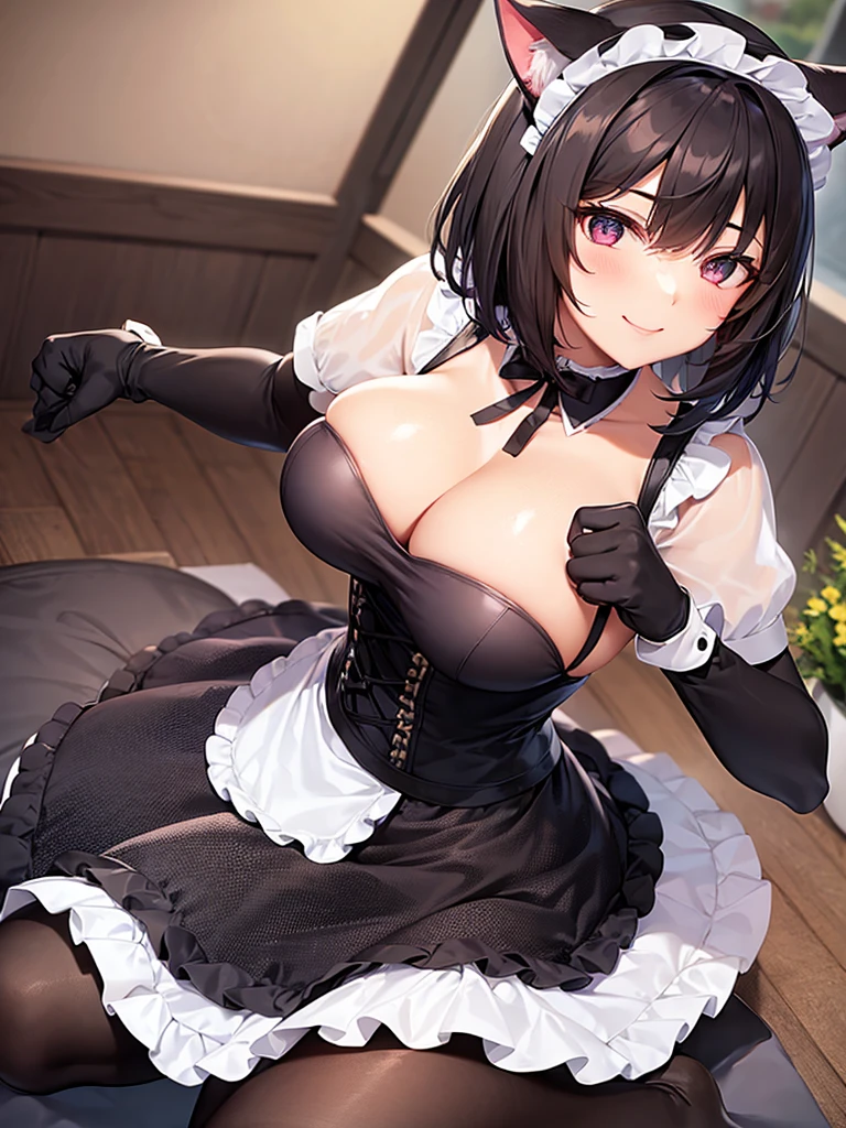 woman,smile,Bob Hair,Large Breasts,Maid clothes,Short sleeve,I can see the valley.Cute black gloves,Cat ears headband,Wear tights,Dark brown hair,Large Breasts,maid Cafe