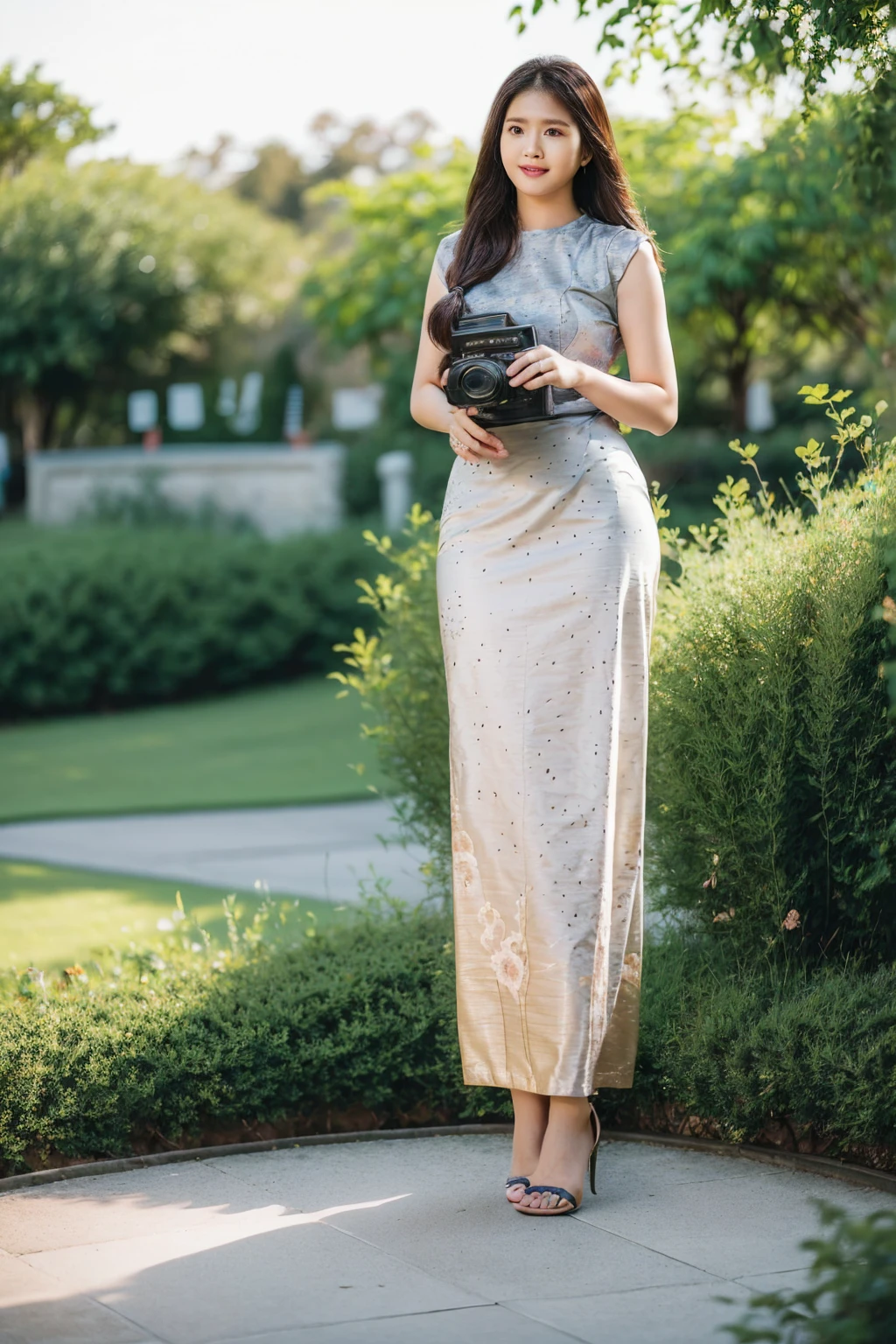 Asian woman long hair in a gold Indonesia batik long skirt and Indonesia batik black shirt, ((standing in garden park:1.5)), Beautiful Body, traditional beauty, wearing beautiful Indonesia batik clothes, Indonesia batik traditional dress, acmm ss outfit, acmm long skirt, wearing acmm top, high heel, very attractive and beautiful, with lovely look, traditional clothes, very beautiful enga style, (((full body:2))), ((front view:1.5)), (((DSLR bokeh blur background to highlight portrait view:1.5))), (((evening lighting with golden sunlight1.5))), (cinematic enhance HDR portrait lighting, perfect anatomy, cannon mark v, DSLR quality, vibrant HDR color, (perfect anatomy), (perfect toes), (realistic hand shape), (perfect hands), (detailed hands), (perfect toes), (detailed toes), (perfect high heel),
