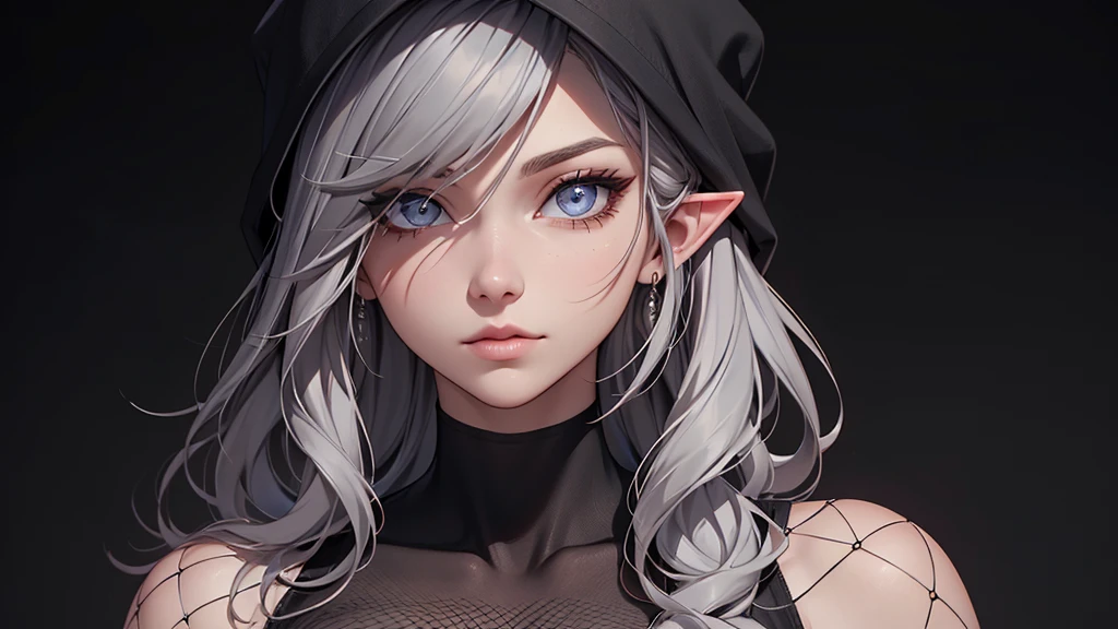 White elf girl, dark grey hair colour, very long flowing hair, grey eye colour, small eyes, Round eye shape, eyeliner, Realistic face shape. black shirt, portrait, wears a black hood, black backdrop, depth of field. look into the camera, dreamy look detailed eyes, detailed face, detailed skin, extremely detail, beautiful and aesthetic, ​masterpiece, best quality, Show shoulders. Fishnet fabric, round chin shape. wear a black hood over your hair. shows the entire upper body and face. wears a black hood, lots of flairs in the background, zoomed out, Black and white. glowing,