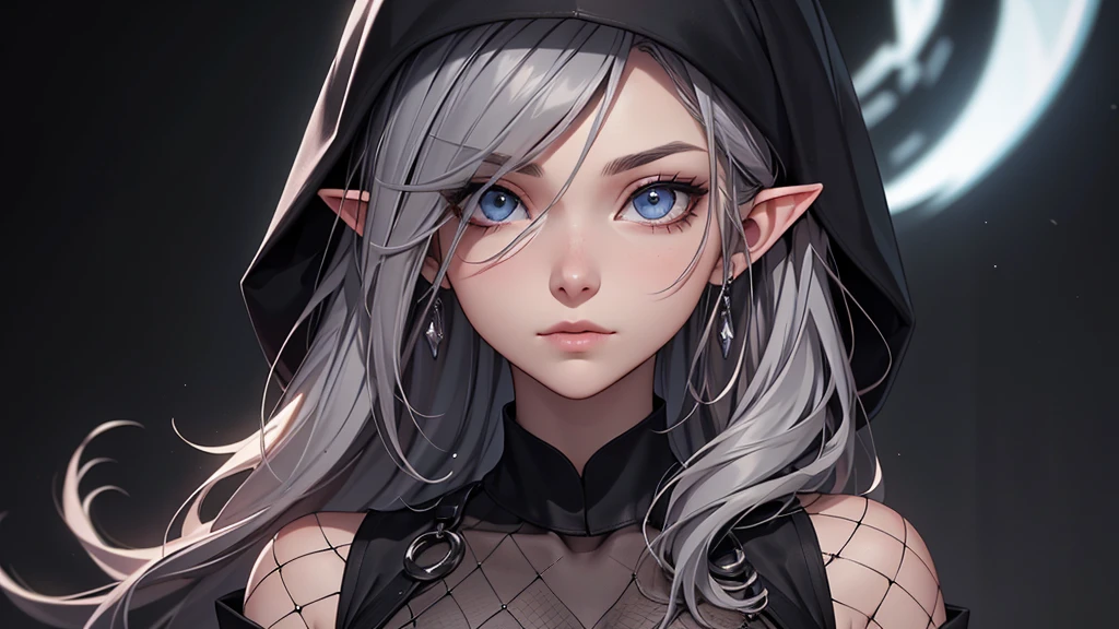 White elf girl, dark grey hair colour, very long flowing hair, grey eye colour, small eyes, Round eye shape, eyeliner, Realistic face shape. black shirt, portrait, wears a black hood, black backdrop, depth of field. look into the camera, dreamy look detailed eyes, detailed face, detailed skin, extremely detail, beautiful and aesthetic, ​masterpiece, best quality, Show shoulders. Fishnet fabric, round chin shape. wear a black hood over your hair. shows the entire upper body and face. wears a black hood, lots of flairs in the background, zoomed out, Black and white. glowing,