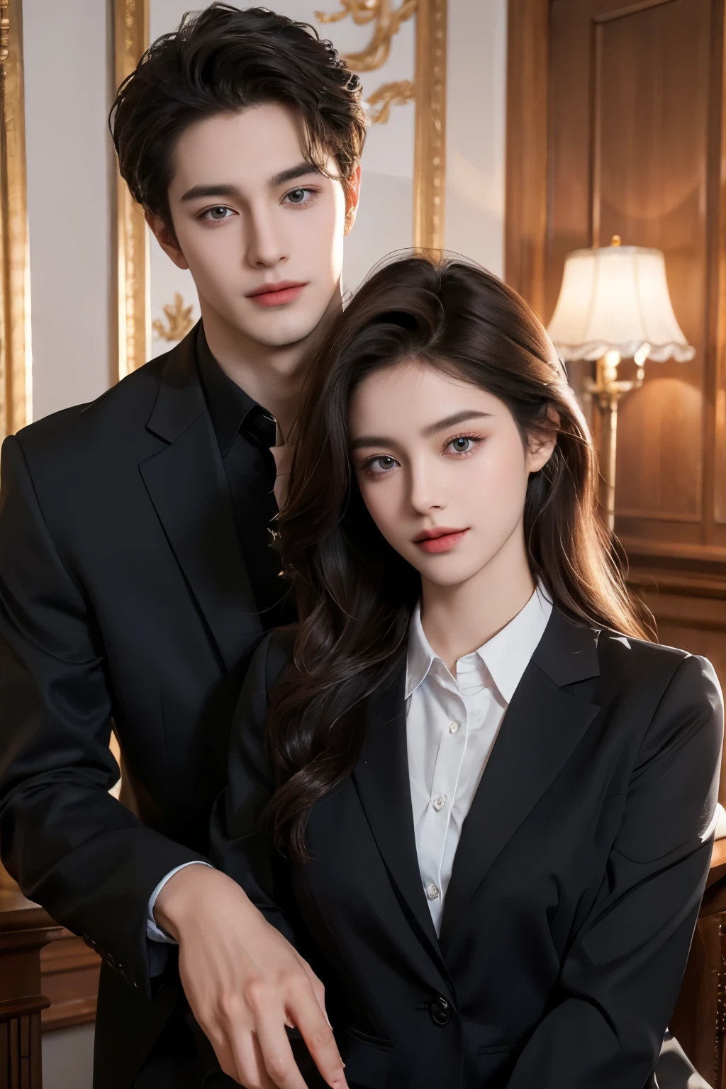 Modern. School uniforms. Elegant couple, handsome boy and beautiful girl. Dark hair color. Very deatiled face. pretty eyes (perfect eyes). 8K resolution. Masterpiece. Romantic, love, glowing light. Look at the viewer. Petals. Smile