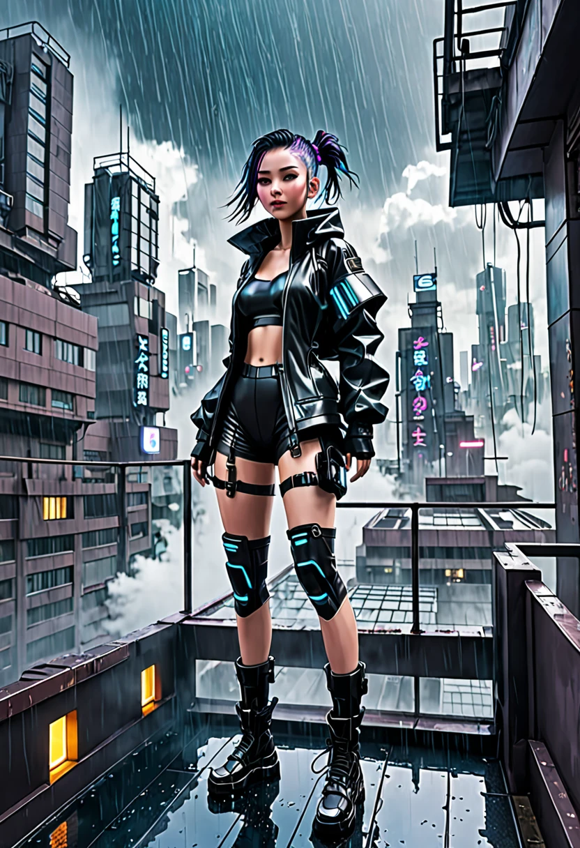 Cyberpunk city building rooftop。The weather is rainy。A cute girl dressed in a futuristic outfit is about to jump off a building。
Steam-like vapor wafts from the buildings in the city.