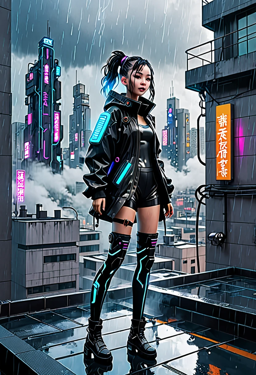 Cyberpunk city building rooftop。The weather is rainy。A cute girl dressed in a futuristic outfit is about to jump off a building。
Steam-like vapor wafts from the buildings in the city.