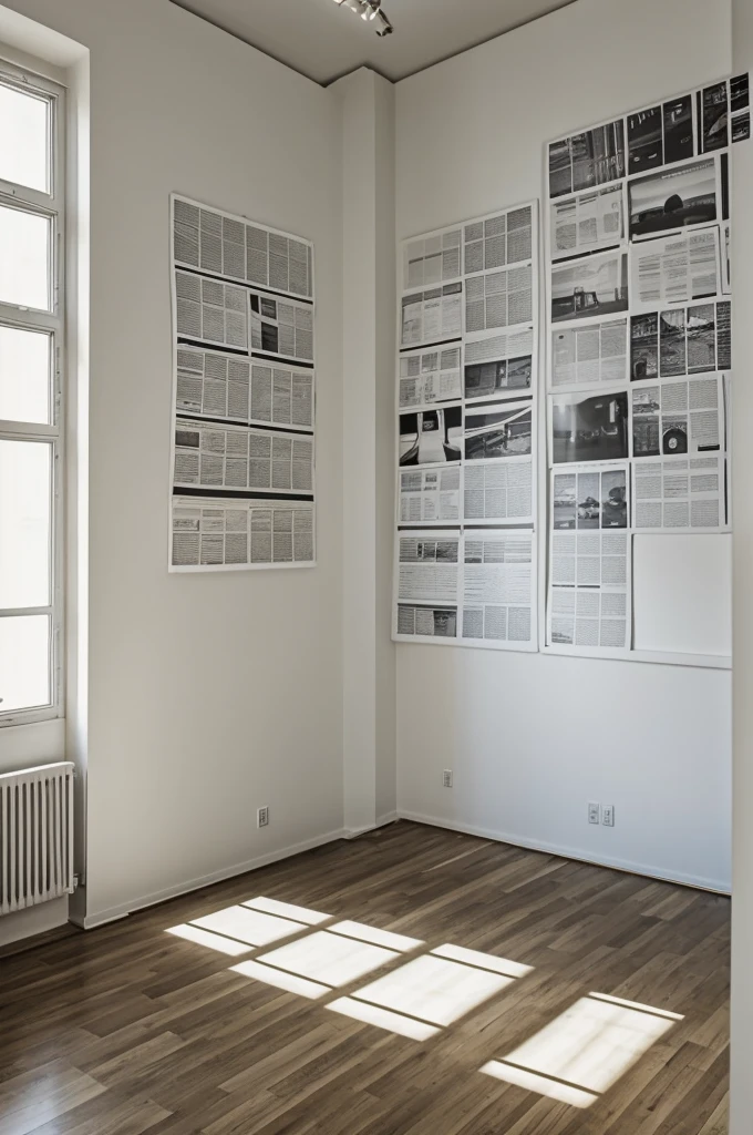 empty room, White walls, floor covered with newspapers.