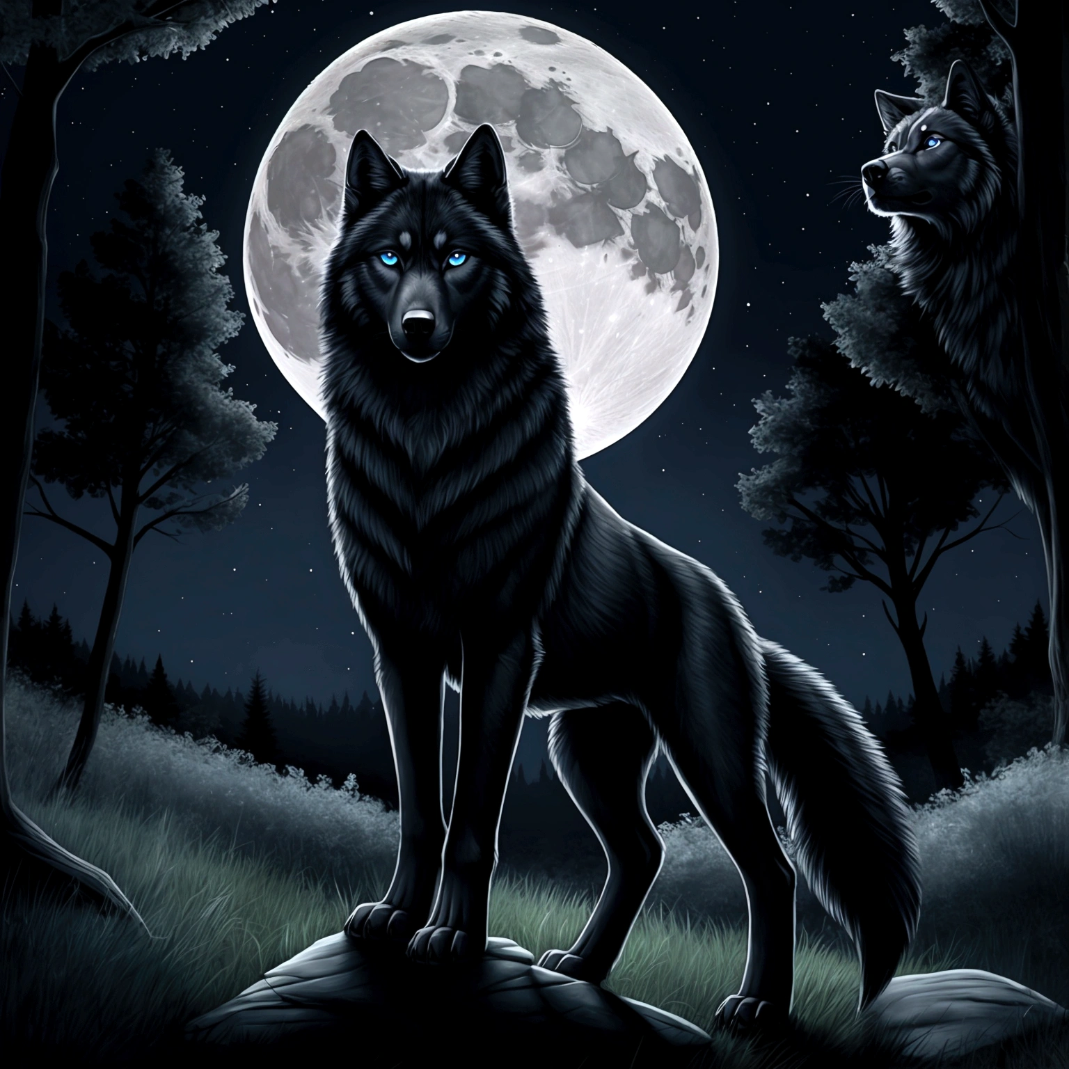 Beautiful black wolf with blue eyes stands in a clearing on a hill next to a single tree. It is night, the moon is shining.