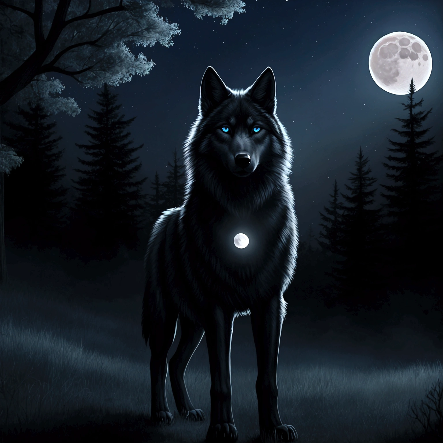 Beautiful black wolf with blue eyes stands in a clearing on a hill next to a single tree. It is night, the moon is shining.