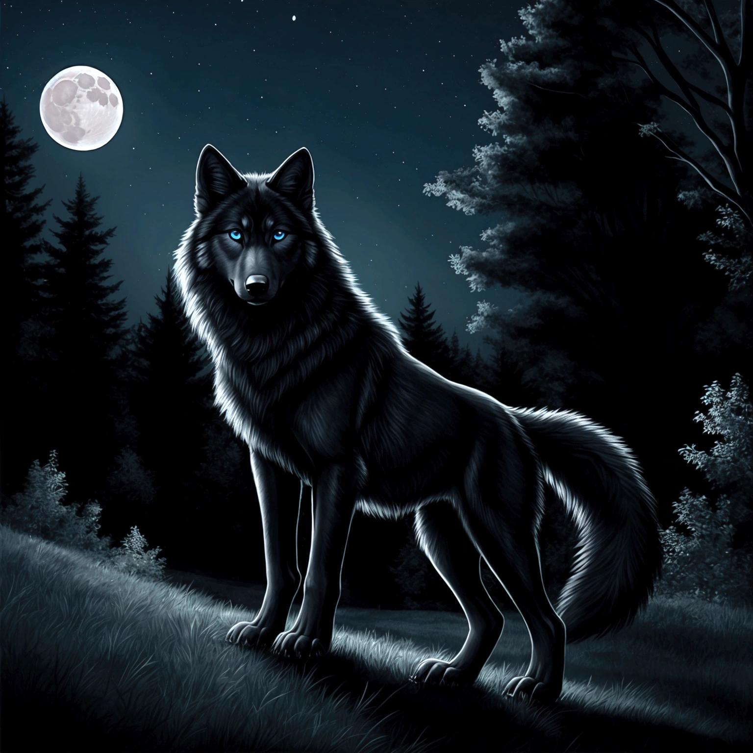 Beautiful black wolf with blue eyes stands in a clearing on a hill next to a single tree. It is night, the moon is shining.