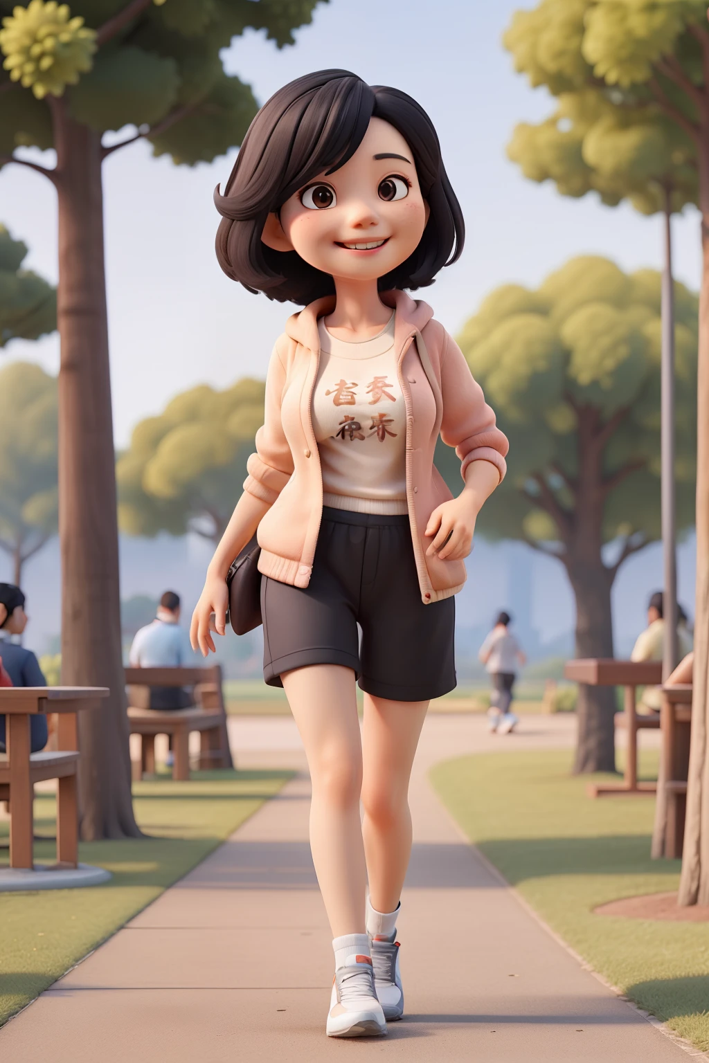 ((best quality)), In the park in the early morning,A 48-year-old Chinese woman with short black straight hair is taking a walk,Wear sportswear,Looks refreshing,With a smile on your face