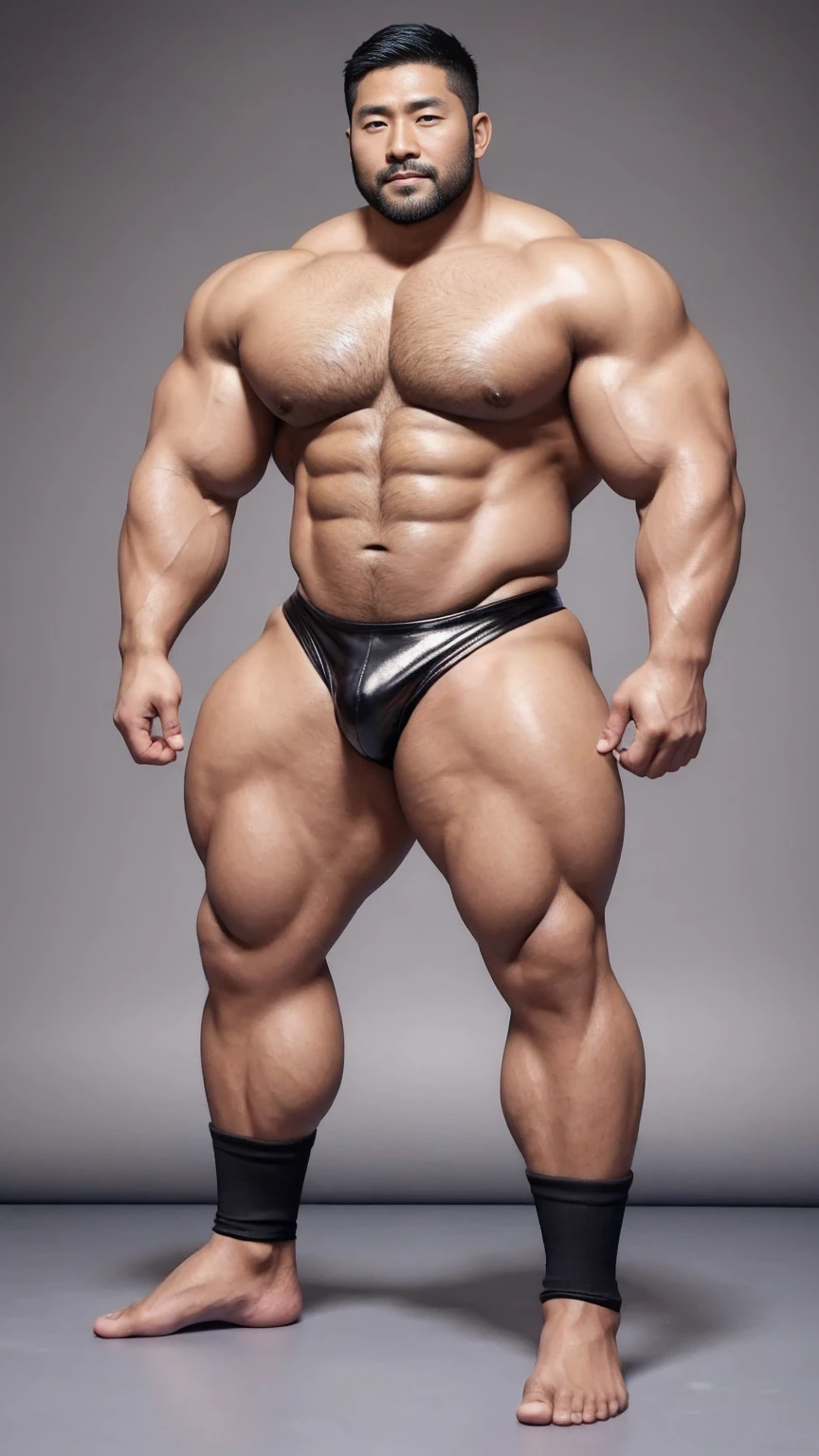 There is only one handsome Asian actor in the photo,35 years old,High target, Fitness,short hair, O-Shaped Beard,Perfect body, Dark skin color,Radiant Skin,Smooth skin,Muscle bulge, muscular, Very large pectoral muscles,Very sexy abdominal muscles,Very well-developed leg muscles,Huge concave and convex area,Brightens oily skin,Wearing black leather shiny thong,Handsome face, Correct and accurate male body proportions, Wear black socks,Standing on a gray background。