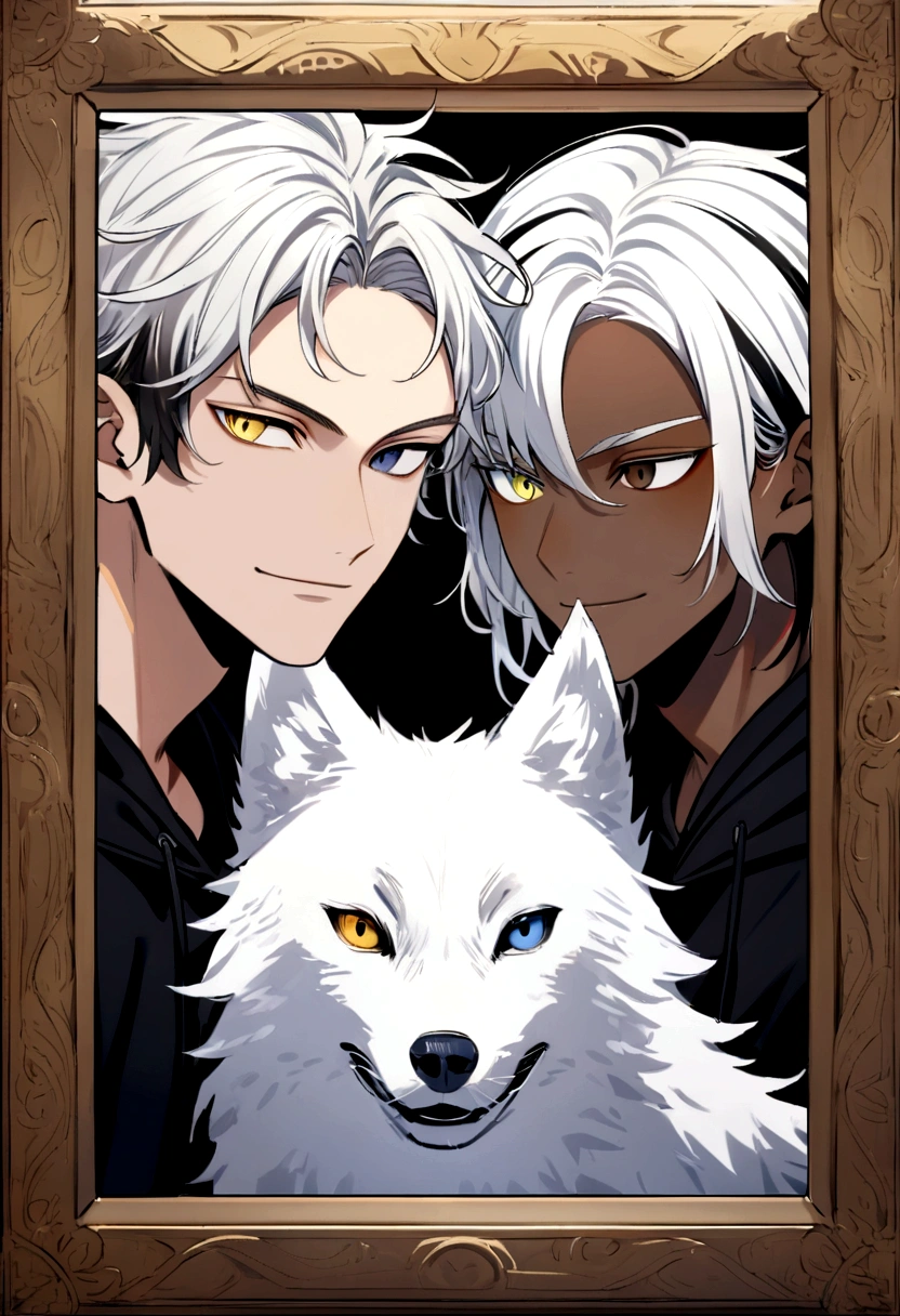 white  shirt, wearing a black hoodie , yellow and black eyes heterochromia, calm smile expression, Messy hair , Medium length hair , 1 men , multicolored black and white hair , two tone hair , dark skin color , with a white wolf , the two looking at each other like a photo on an icon
