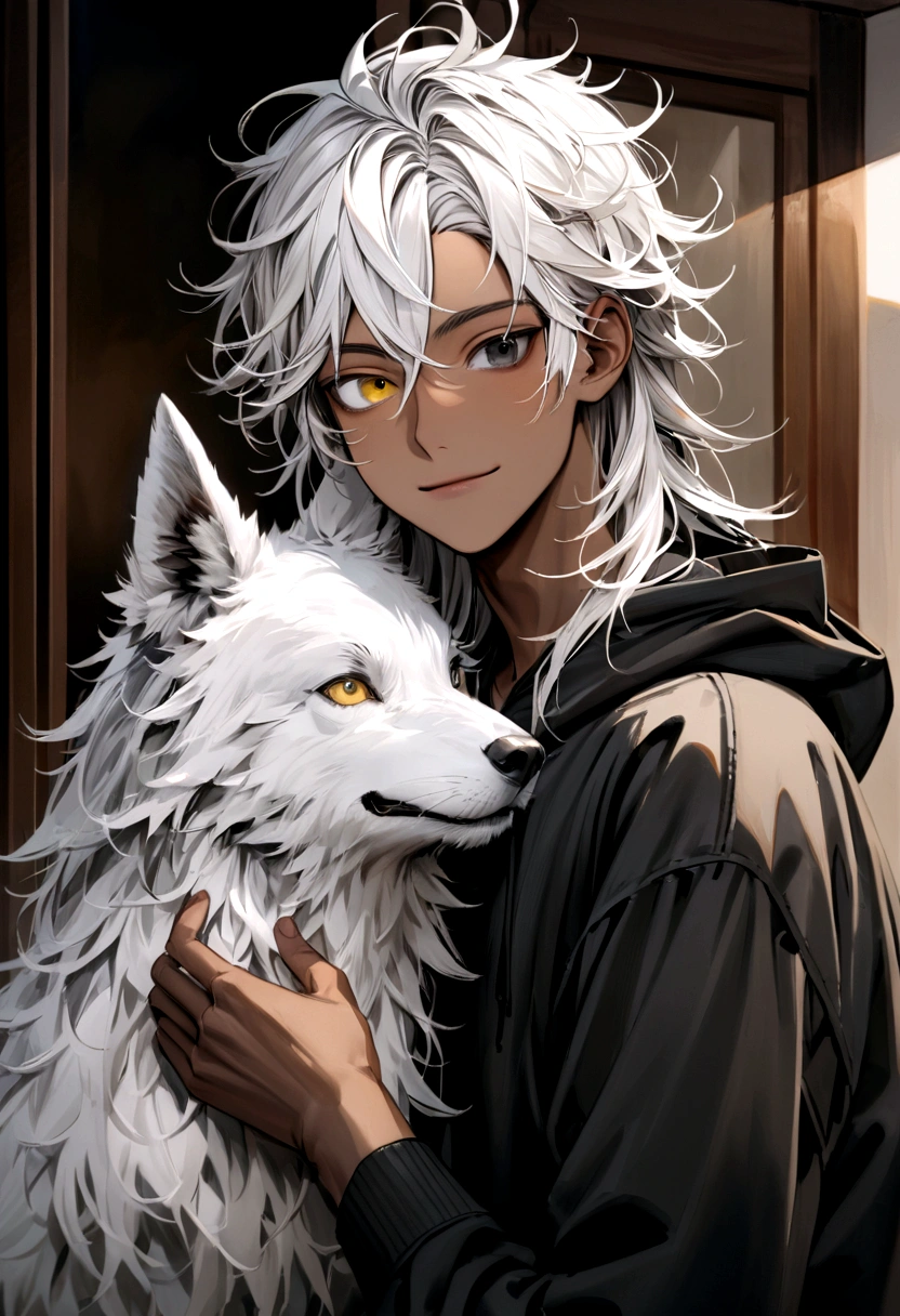 white  shirt, wearing a black hoodie , yellow and black eyes heterochromia, calm smile expression, Messy hair , Medium length hair , 1 men , multicolored black and white hair , two tone hair , dark skin color , with a white wolf , the two looking at each other like a photo on an icon