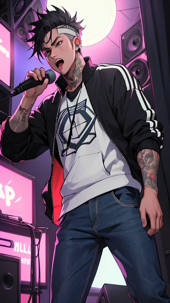 ((Best Quality)) ((HD quality)), ((Masterpiece)), (detailed), ((without errors)), ((no duplicate limbs))
Create a 32-year-old Korean man who was a K-pop singer, Now he is a rapper living in Argentina, He is short with a slim build, White skin, sweet and clean face, black eyes, with smooth, whitish skin although her fine arms are covered with tattoos. It has a more urban and comfortable style, wearing black jeans and a black sweatshirt. Her black hair is disheveled but in a short punk style.. He is rapping in a recording studio in Argentina with neon lights, with a lot of flow in front of the microphone with an angry expression.
The scene is like a Bizarrap rap session
