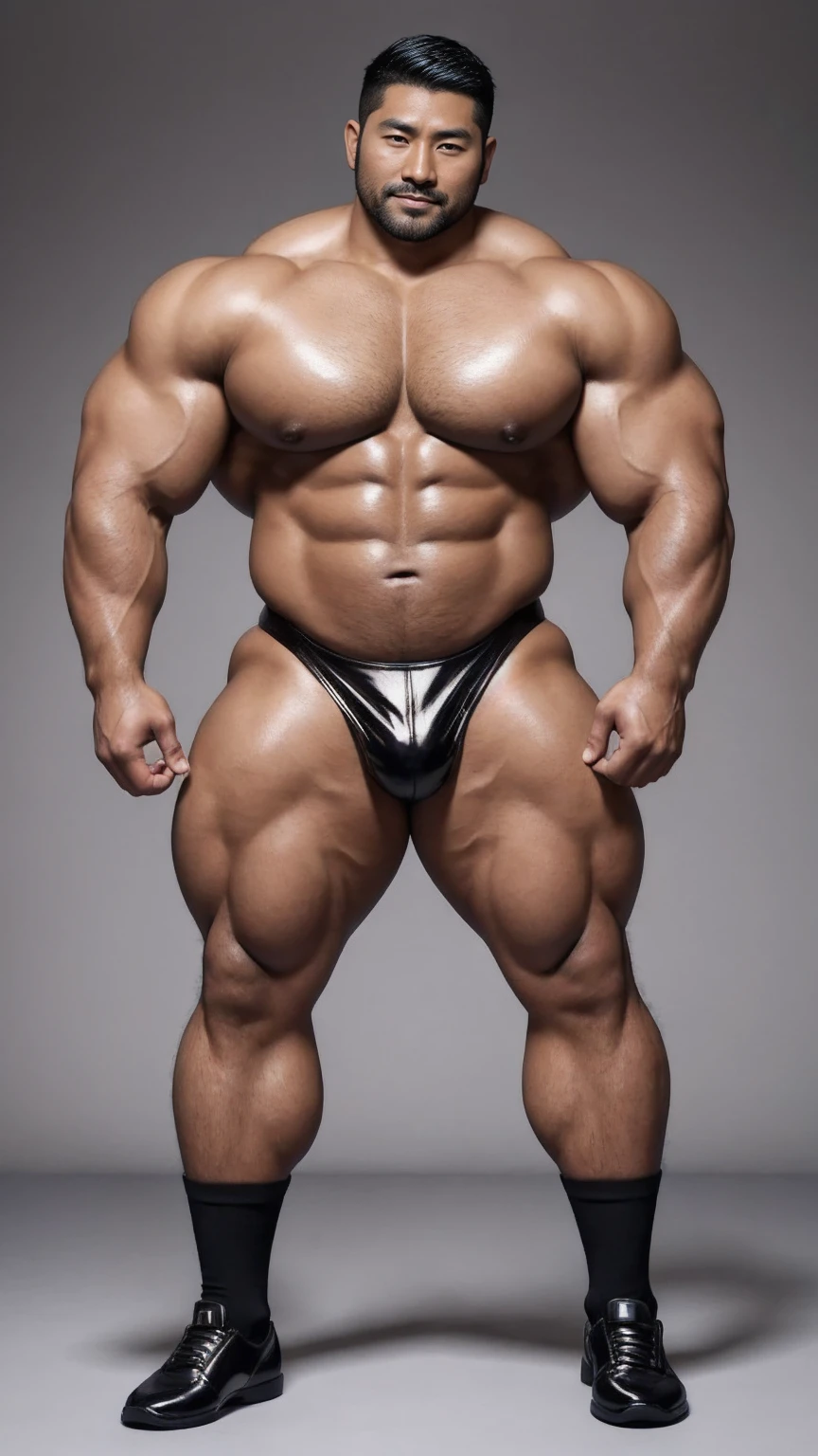 There is only one handsome Asian actor in the photo,35 years old,High target, Fitness,short hair, O-Shaped Beard,Perfect body, Dark skin color,Radiant Skin,Smooth skin,Muscle bulge, muscular, Very large pectoral muscles,Very sexy abdominal muscles,Very well-developed leg muscles,Huge concave and convex area,Brightens oily skin,Wearing black leather shiny thong,Handsome face, Correct and accurate male body proportions, Wear black socks,Standing on a gray background。