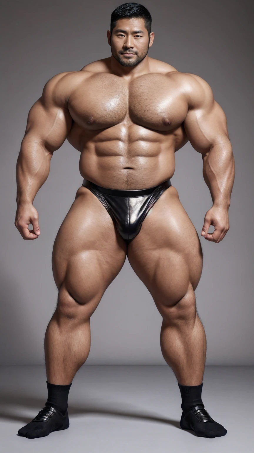 There is only one handsome Asian actor in the photo,35 years old,High target, Fitness,short hair, O-Shaped Beard,Perfect body, Dark skin color,Radiant Skin,Smooth skin,Muscle bulge, muscular, Very large pectoral muscles,Very sexy abdominal muscles,Very well-developed leg muscles,Huge concave and convex area,Brightens oily skin,Wearing black leather shiny thong,Handsome face, Correct and accurate male body proportions, Wear black socks,Standing on a gray background。