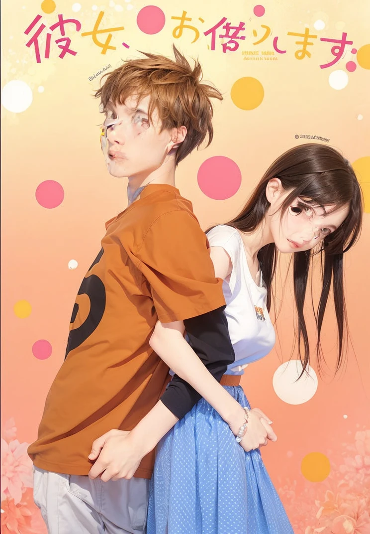 Young man with brown hair and orange t-shirt, along with a girl with black hair and white clothes with a blue dress