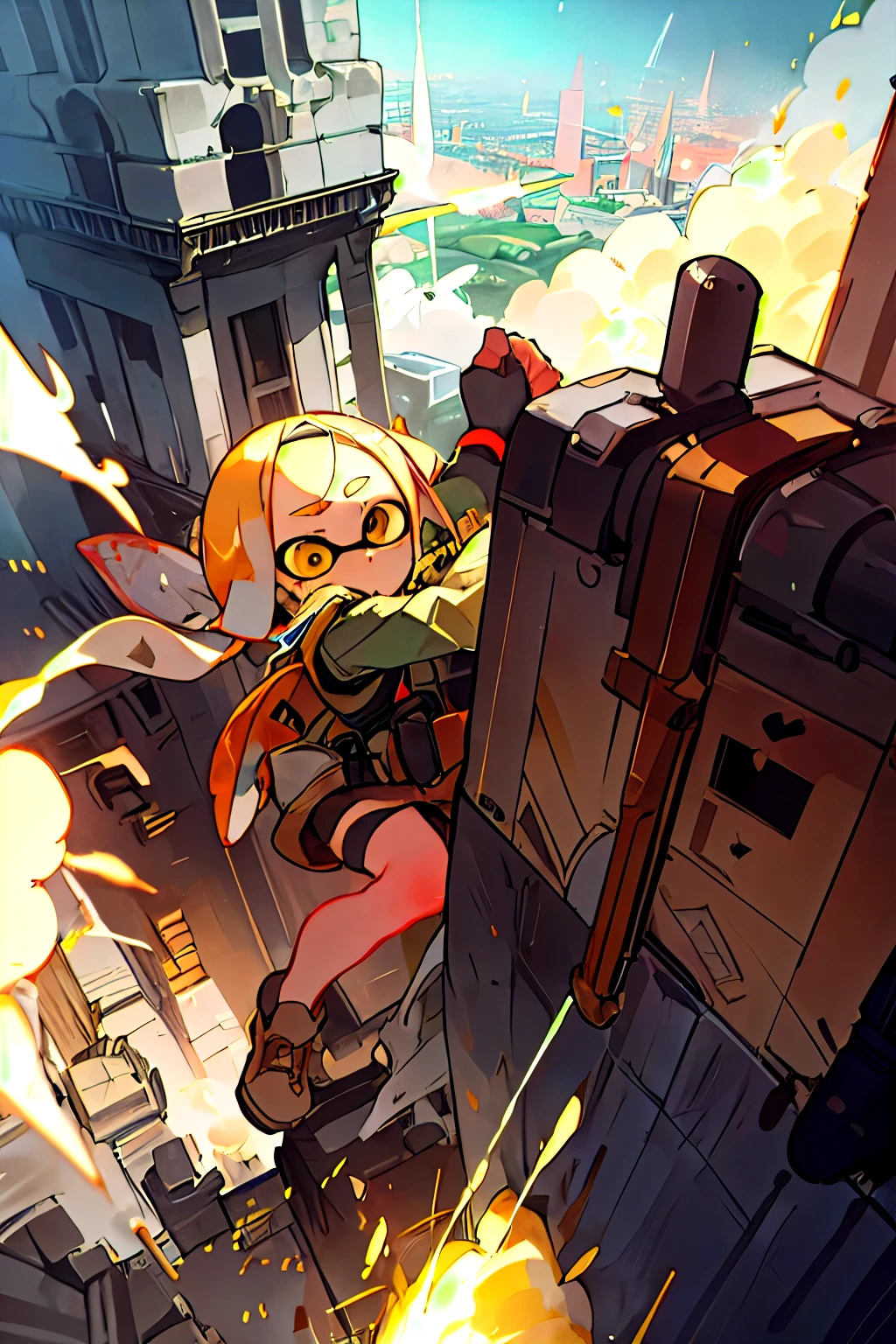 (A female special forces soldier from Splatoon desperately climbing the outer wall of a fortress), Golden Eyes、A slightly narrow face、
A giant fortress in the sky,
The fortress is bombarding the city above with artillery fire..,
The city exploded below,
She survived the explosion,
(action effects:1.2), (shock effects:1.2), (Dynamic Hair),
whole body, From above,
(masterpiece), (Highest quality), (Very detailed), (Vivid and colorful images), (Shonen),
Clear images, Clear images, Clear images, Clear images,
A very detailed skyscraper,