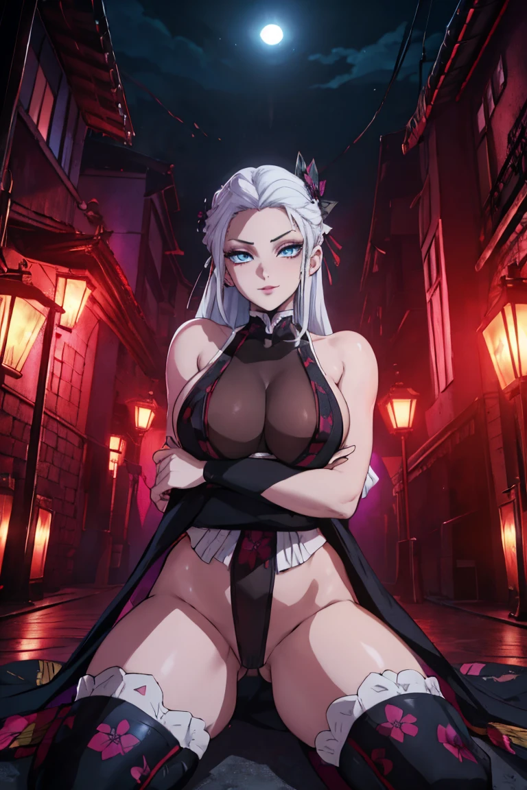 4k resolution, best quality, 4k, 8k, high resolution, masterpiece: 1.2, ultra-detailed, semi-realistic, anime studio style, Kimetsu no Yaiba, MAPPA anime studio, night, dark night, dramatic lighting, dark illumination, anime aesthetic, detailed eyes, detailed lips, extremely detailed face, long eyelashes, intricate details, cinematic lighting, moody atmosphere, vivid colors, intense contrast, white hair, black clothing. Outfit with a deep neckline and black edges, exposing the shoulders. Black bands adorn the waist, legs, and arms, enhancing the silhouette. Blue floral patterns on the upper part create an elegant contrast. Sinister smile and straight pose.