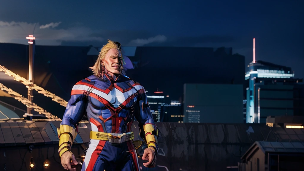 Cinematic photo of a realistic cyberpunk::2 version of All Might from My Hero Academia::2, standing tall on a futuristic city skyline with neon lights and digital billboards::1. All Might's costume is an advanced, armored suit with glowing blue and red accents::3 that enhance his imposing presence. His signature blond hair is styled in a futuristic, spiky manner, and his eyes are augmented with cybernetic lenses that radiate power and determination. The background captures the grandeur and heroism of All Might, with a city illuminated by his presence. Created using: hyper realism, high resolution settings, realistic textures, cinematic lighting, photorealistic rendering, advanced cybernetics::3, futuristic skyline, HDR quality, professional camera settings 