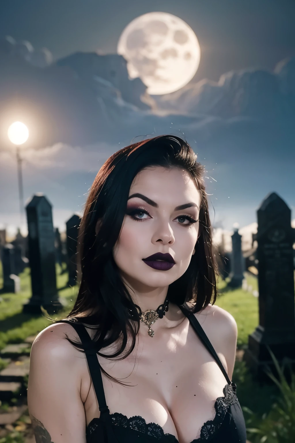 Generate a hyper-realistic image that employs the shallow depth of field technique, half-body portrait to highlight a pretty goth girl wearing a gothic medieval clothes , Hot body, sensual, sexy, at ((night in a creepy cemitery)) setting, (((under the moonlight))). The girl should be the focal point, with crisp clarity, while the background of the forest should be gently blurred to create a bokeh effect. (((black roses In the foreground))) should be visible but blurred, adding depth to the composition.", adding depth to the composition. Sony Alpha A7R III, macros lens , f/5.6. ((Cinematic purple Lighting)) .