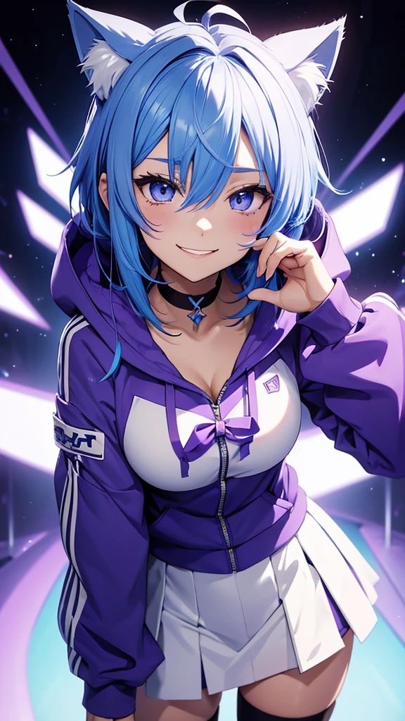 The image depicts an anime-style character with blue hair, a purple hooded outfit, a white cheer skirt, and a black choker. I have cat ears. The character has a smiling expression and is facing the viewer.