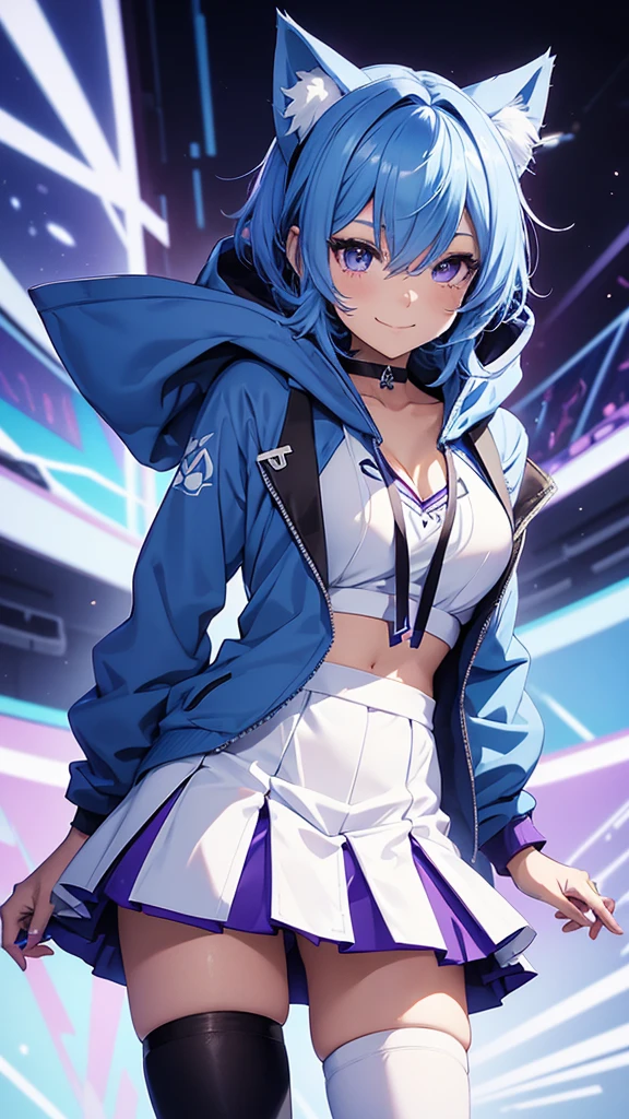 The image depicts an anime-style character with blue hair, a purple hooded outfit, a white cheer skirt, and a black choker. I have cat ears. The character has a smiling expression and is facing the viewer.