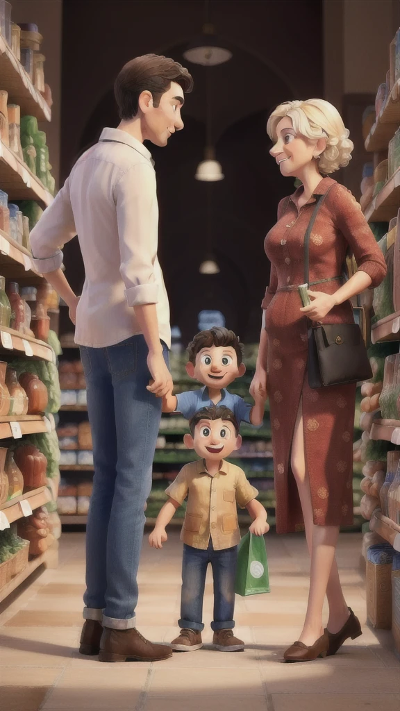 Masterpiece artwork, best qualityer, Baba, Mother and son, choosing products in the supermarket