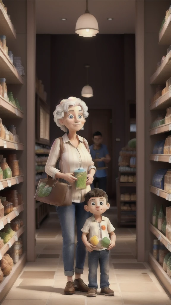 Masterpiece artwork, best qualityer, Baba, Mother and son, choosing products in the supermarket