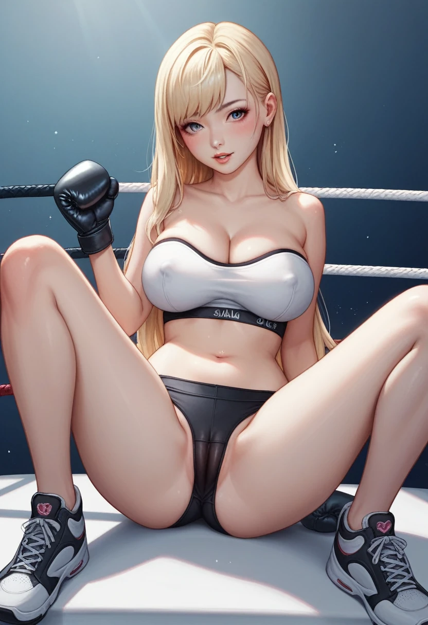 A slim Korean beauty,，Good shape，Pretty Face，detailed picture, blush，White long hair, Wearing a strapless sports bra, Wearing black tights, Wearing black UFC boxing gloves, Alone and riding on the opponent in a sexy position，Large Breasts,Cleavage,Thin legs，nipple，Camel toe